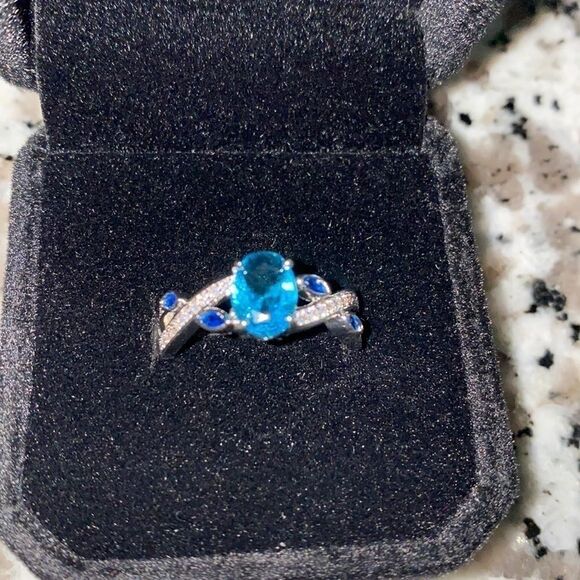 NWT Aquamarine and Sapphire 925 Silver Ring with Cubic Zirconia accent stones - Picture 1 of 12